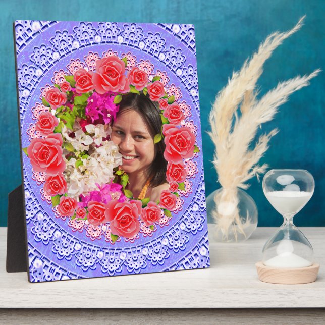 Custom Photo Blue Lace Pink Roses Frame Plaque (Side)