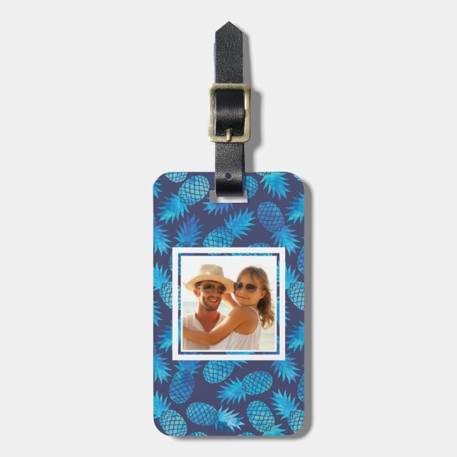 Custom Photo Blue Tie Dye Pineapples Luggage Tag (Front Vertical)