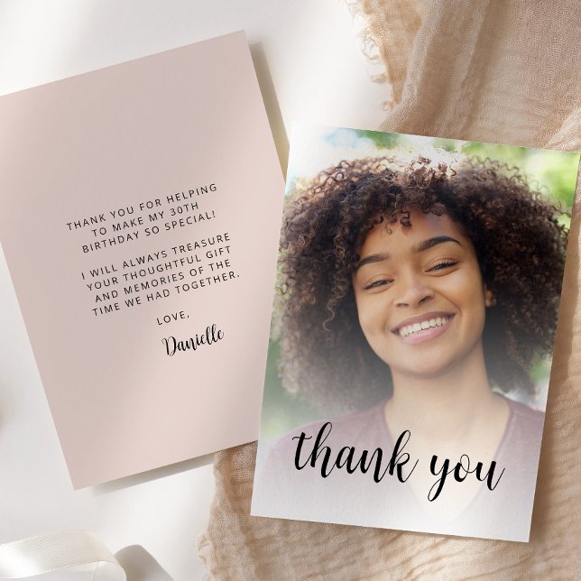 Custom Photo Blush Pink 30th Birthday Party Thank You Card (Creator Uploaded)
