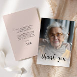 Custom Photo Blush Pink 80th Birthday Party Thank You Card<br><div class="desc">The front of this 80th birthday invitation features the guest of honour's photo with the words "thank you" in elegant black calligraphy script overlay. A white screen helps make the text pop. Customise the reverse side with your personal message in black sans serif font and your name in script on...</div>