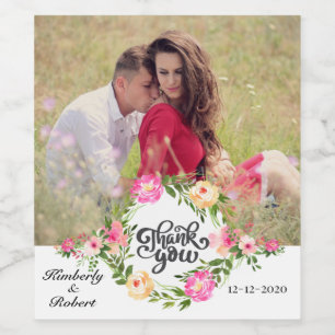 Custom Photo/Blush Pink Floral Thank You Wedding Wine Label