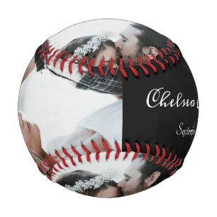 Custom Photo Bride & Groom Script Name Date Black Baseball