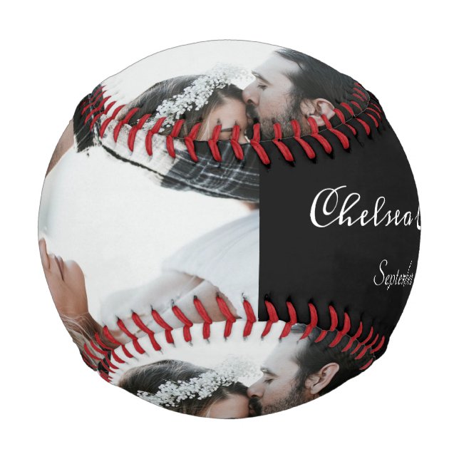 Custom Photo Bride & Groom Script Name Date Black Baseball (Front)