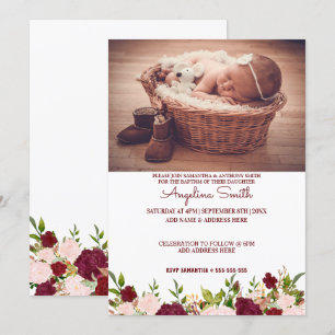 Custom Photo Burgundy Floral Baptism Invitation