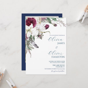 Custom photo burgundy navy QR code wedding Invitation