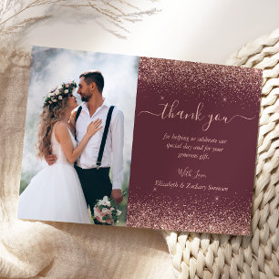 Custom Photo Burgundy Rose Gold Glitter Wedding Thank You Card