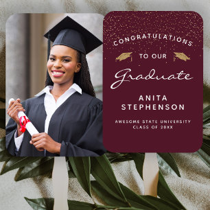Custom Photo Burgundy White Gold Graduation Hand Fan