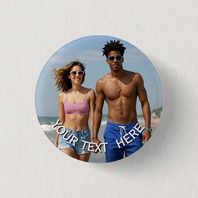 Custom Photo Button Pin – Personalised text Badge (Front)