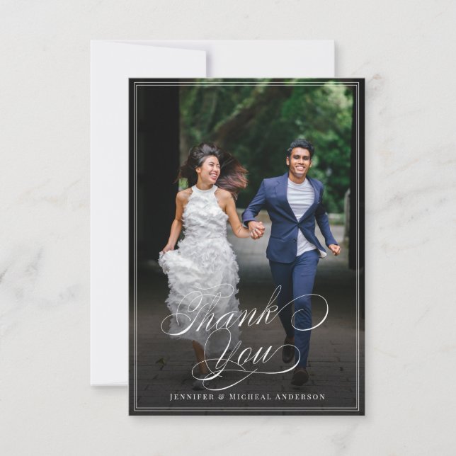 Custom Photo Calligraphy Elegant Classic Wedding T Thank You Card (Front)