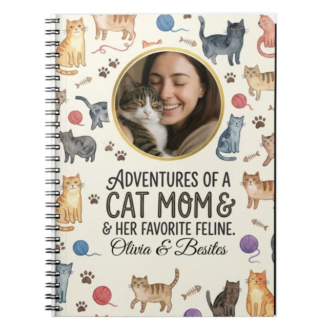 Custom Photo Cat Mum Watercolor Pattern Notebook (Front)