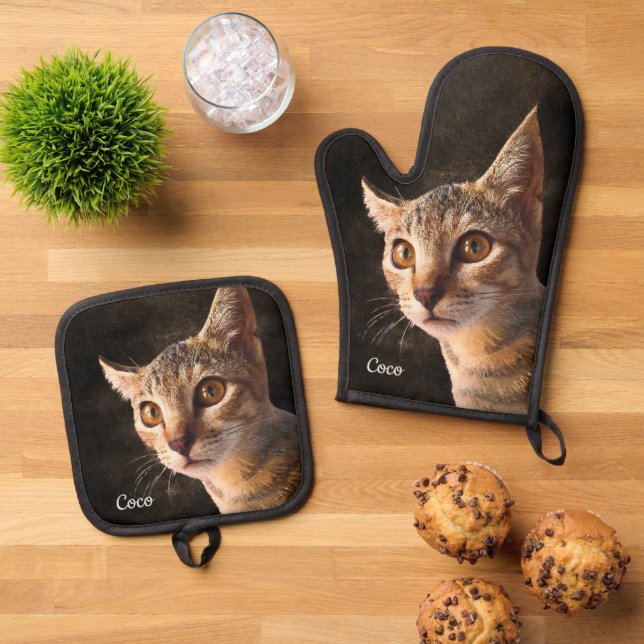 Custom Photo Cat or Dog with Name Template Oven Mitt & Pot Holder Set (Top Down)