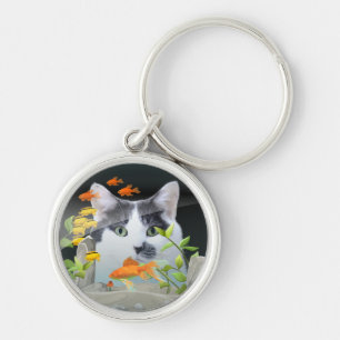 Custom Photo Cat Peering in Fish Tank Key Ring