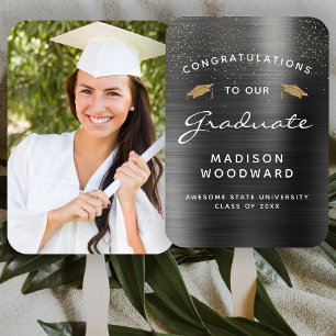 Custom Photo Charcoal Grey Metallic Graduation Hand Fan