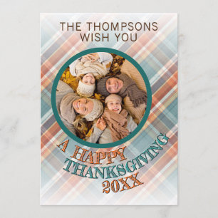 Custom Photo Cheerful Thanksgiving Plaid Pattern Holiday Card