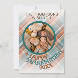 Custom Photo Cheerful Thanksgiving Plaid Pattern Holiday Card
