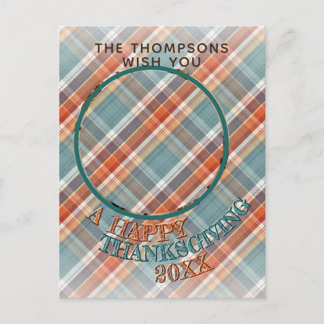 Custom Photo Cheerful Thanksgiving Plaid Pattern Postcard (Front)