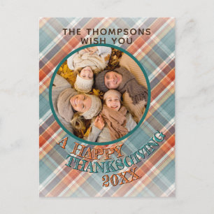 Custom Photo Cheerful Thanksgiving Plaid Pattern Postcard