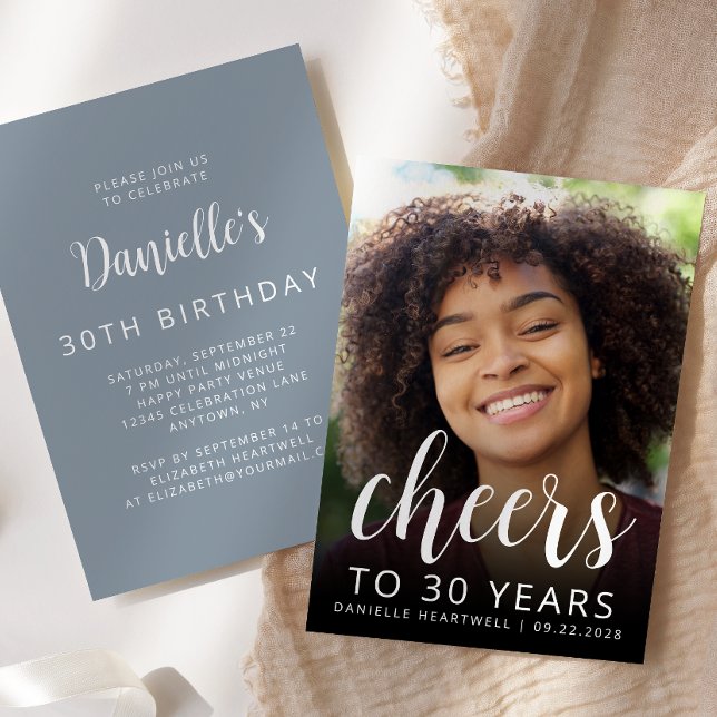 Custom Photo Cheers Dusty Blue 30th Birthday Party Invitation (Creator Uploaded)