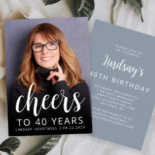 Custom Photo Cheers Dusty Blue 40th Birthday Party Invitation