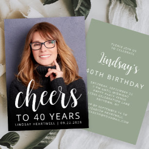 Custom Photo Cheers Sage Green 40th Birthday Party Invitation