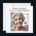 Custom Photo Cheers to 90 Years 90th Birthday Invitation<br><div class="desc">Personalised photo invitation for the milestone of the 90th birthday - Cheers to 90 years! Make this truly unique by adding your special photo and custom message for this party invite.</div>