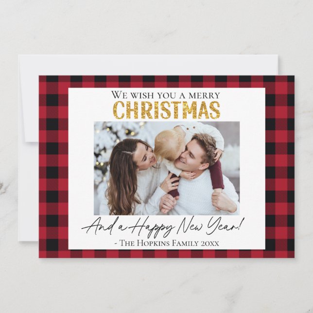 Custom photo Christmas card red buffalo check (Front)