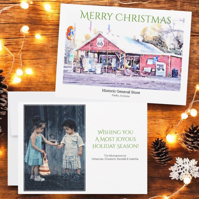 Custom Photo Christmas Card Watercolor Route 66 (Custom photo Christmas flat card)