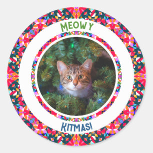 Custom Photo Christmas Cat Mom Mom Colorful Gift Classic Round Sticker