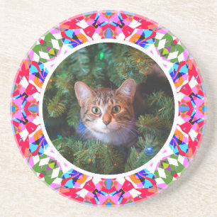 Custom Photo Christmas Cat Mom Mum Dad Colourful Coaster