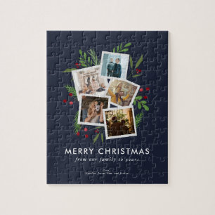Custom Photo Christmas Collage Modern Holly Navy Jigsaw Puzzle