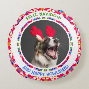 Custom Photo Christmas Dog Mom Mum Dad Colourful Round Cushion