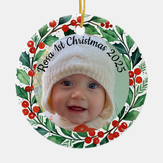 custom photo Christmas holly  ceramic ornament (Front)