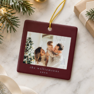 Custom Photo Christmas Minimalist Family Burgundy Ceramic Ornament