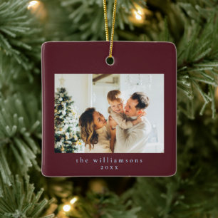 Custom Photo Christmas Minimalist Family Burgundy Ceramic Ornament