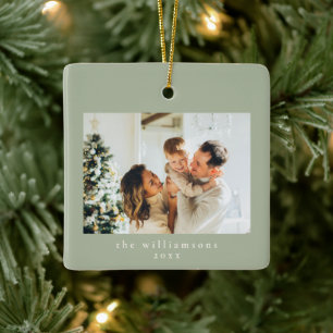 Custom Photo Christmas Minimalist Family Sage  Ceramic Ornament