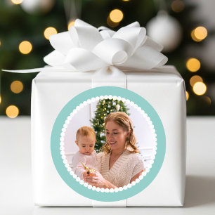 Custom Photo Christmas Snowball Frame Aqua Classic Round Sticker