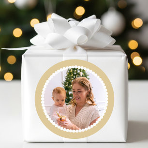 Custom Photo Christmas Snowball Frame Gold Classic Round Sticker