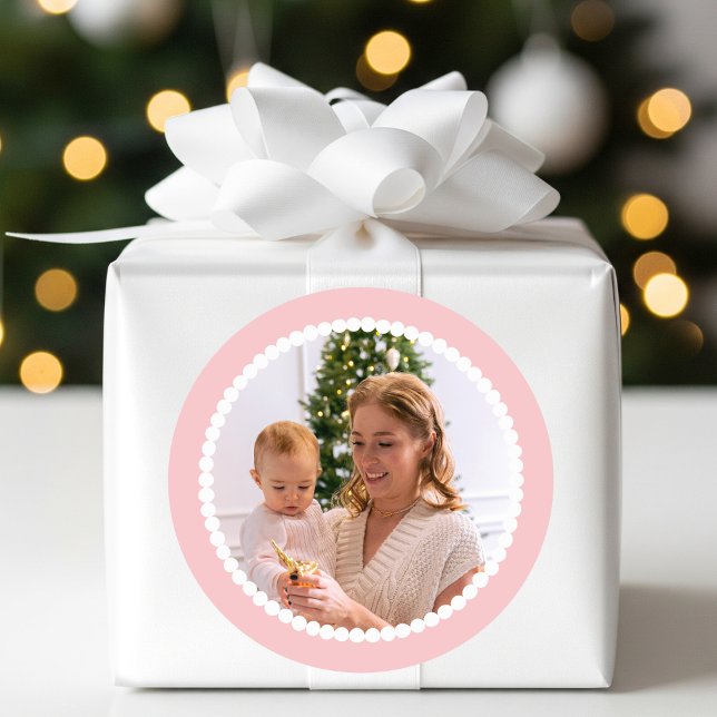 Custom Photo Christmas Snowball Frame Pink Classic Round Sticker (Creator Uploaded)
