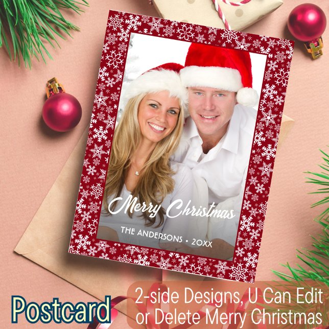 Custom Photo Christmas Snowflake Script Red Modern Holiday Postcard (Creator Uploaded)