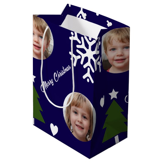 Custom Photo Christmas Tree and Snowflake Medium Gift Bag (Back Angled)