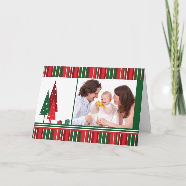 Custom PHOTO Christmas, Trees and Stripes Card (Front)