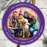 Custom Photo Circle Return Address Classic Round Sticker<br><div class="desc">Add the finishing touch to your envelopes, mailings and stationary with these circle custom photo return address labels. Personalised these round return address labels with your favourite photo, pet photo, family photo with dog, names, and address. These modern holiday purple return address labels are perfect for the Christmas holiday season....</div>