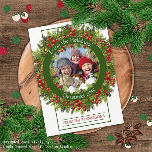 Custom Photo Classic Green Holly Red Berries Holiday Card