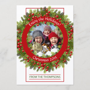 Custom Photo Classic Green Holly Red Berries Holiday Card
