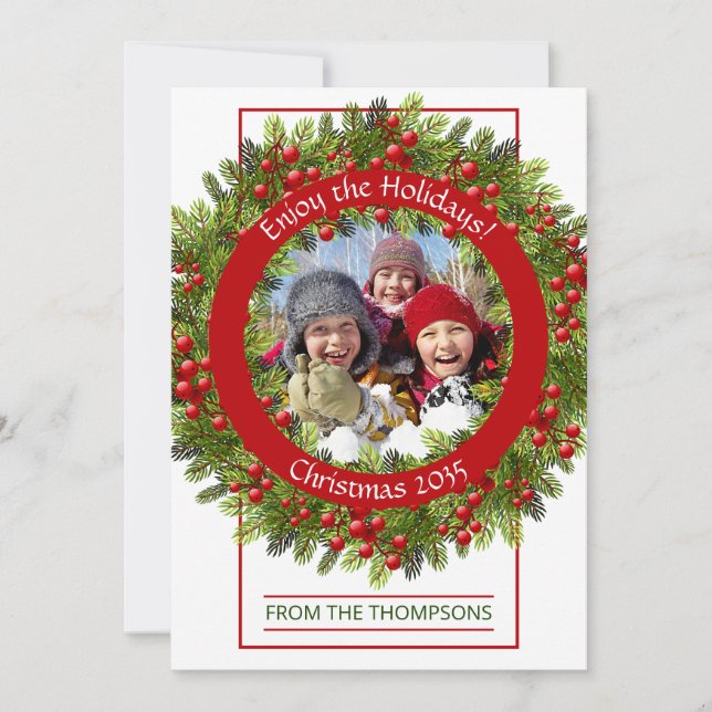 Custom Photo Classic Green Holly Red Berries Holiday Card (Front)