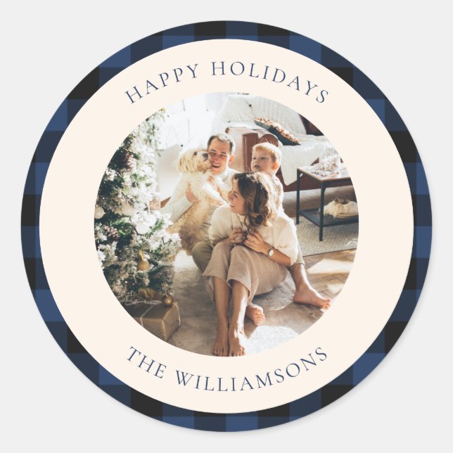 Custom Photo Classic Navy Black Buffalo Plaid  Round Sticker (Front)