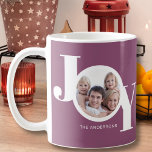 Custom Photo  Coffee Mug<br><div class="desc">This modern Christmas Holiday Photo Mug is decorated with the word JOY in white on a purple plum background.
Easily customisable with your photo and name.</div>