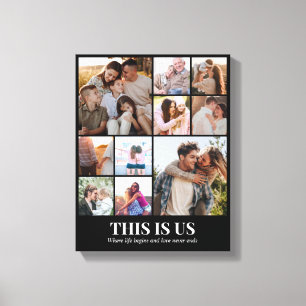 Custom Photo Collage 10 Pictures Grid 11x14 Black Canvas Print