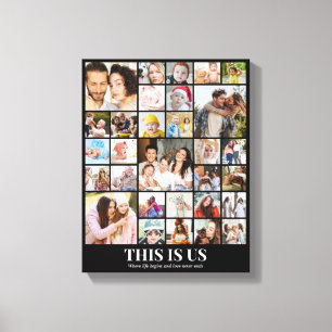 Custom Photo Collage 30 Pictures Grid 11x14 Black Canvas Print