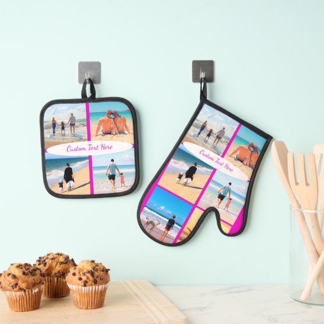 Custom Photo Collage and Text Personalised Your Oven Mitt & Pot Holder Set (Insitu(Hanging))